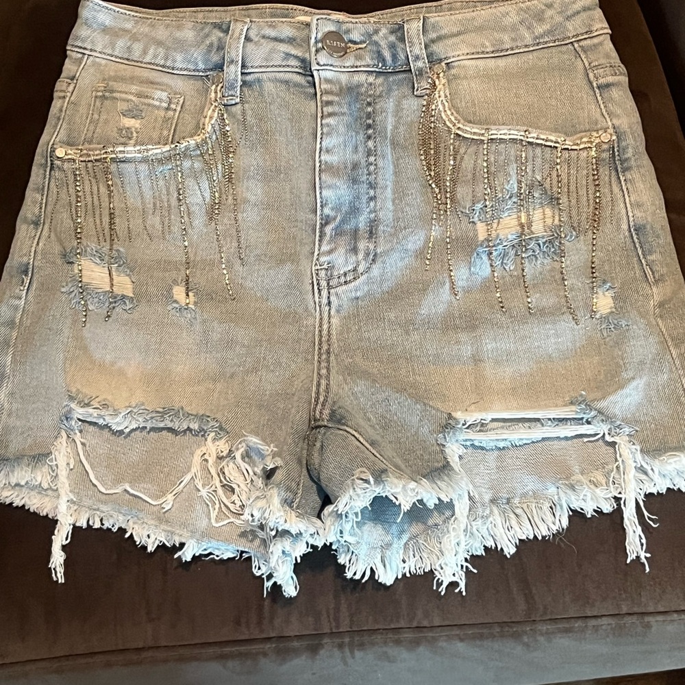 Distressed Denim Shorts with Chain Detail